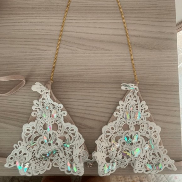 NWOT Gorgeous Jeweled Nude Lace Bikini - Picture 7 of 8